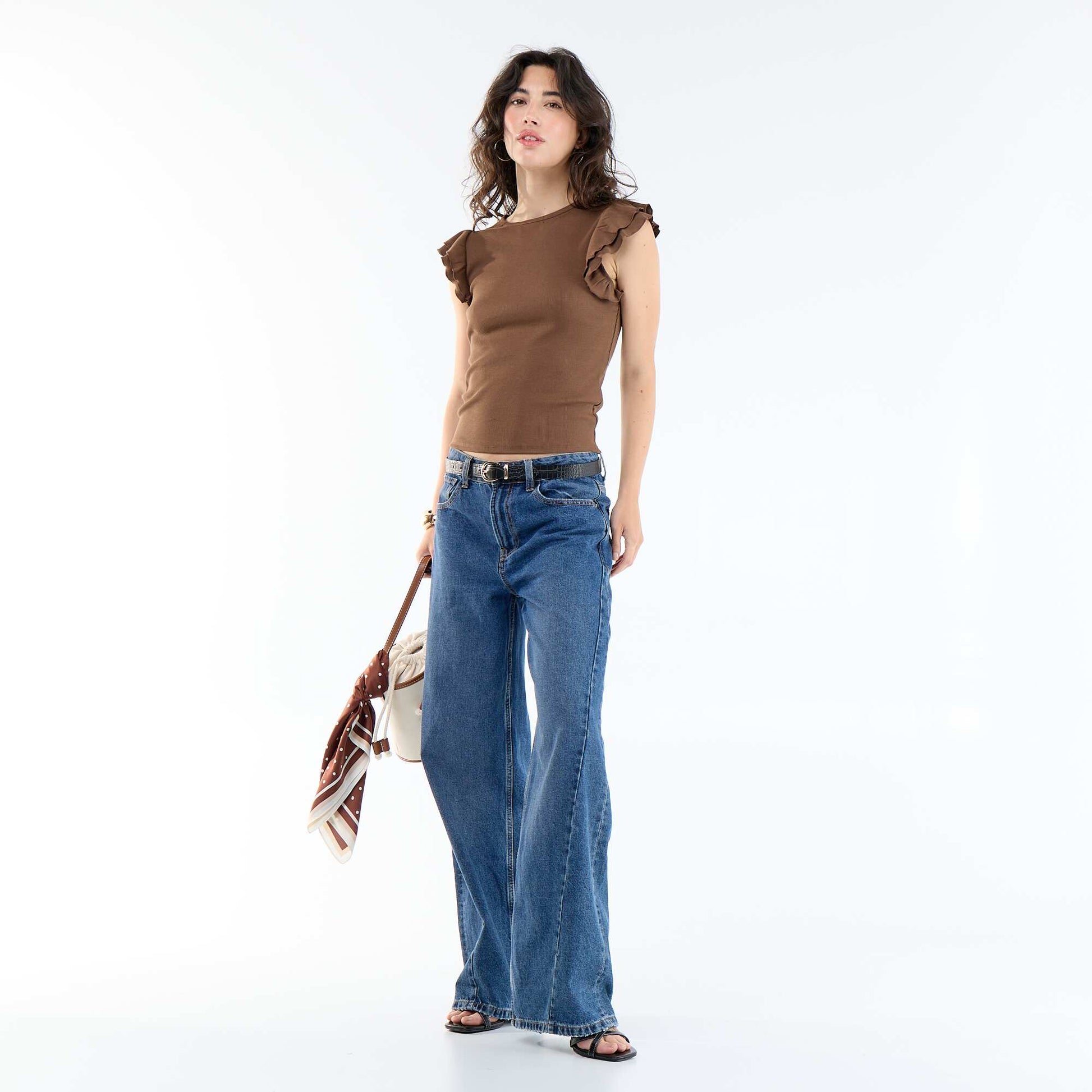 Ribbed Ruffle-Sleeve T-shirt BROWN