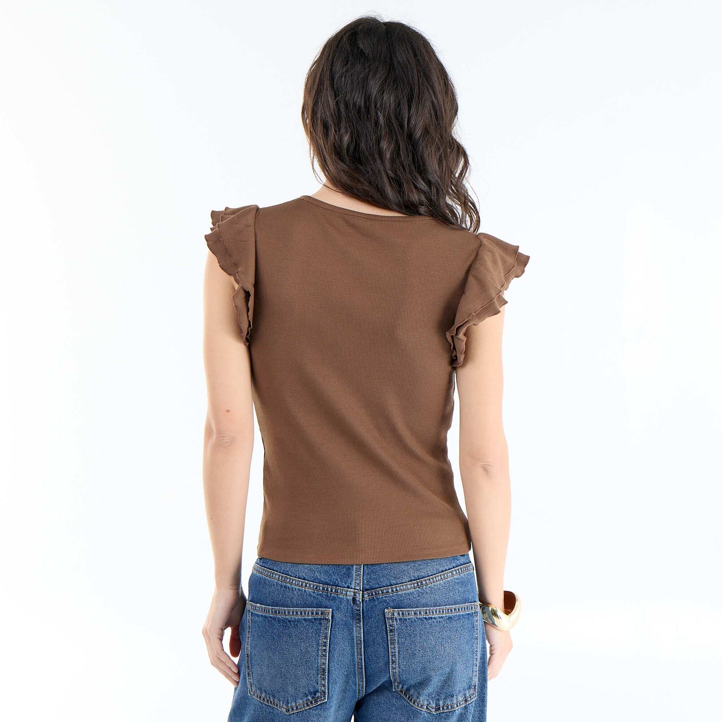 Ribbed Ruffle-Sleeve T-shirt BROWN