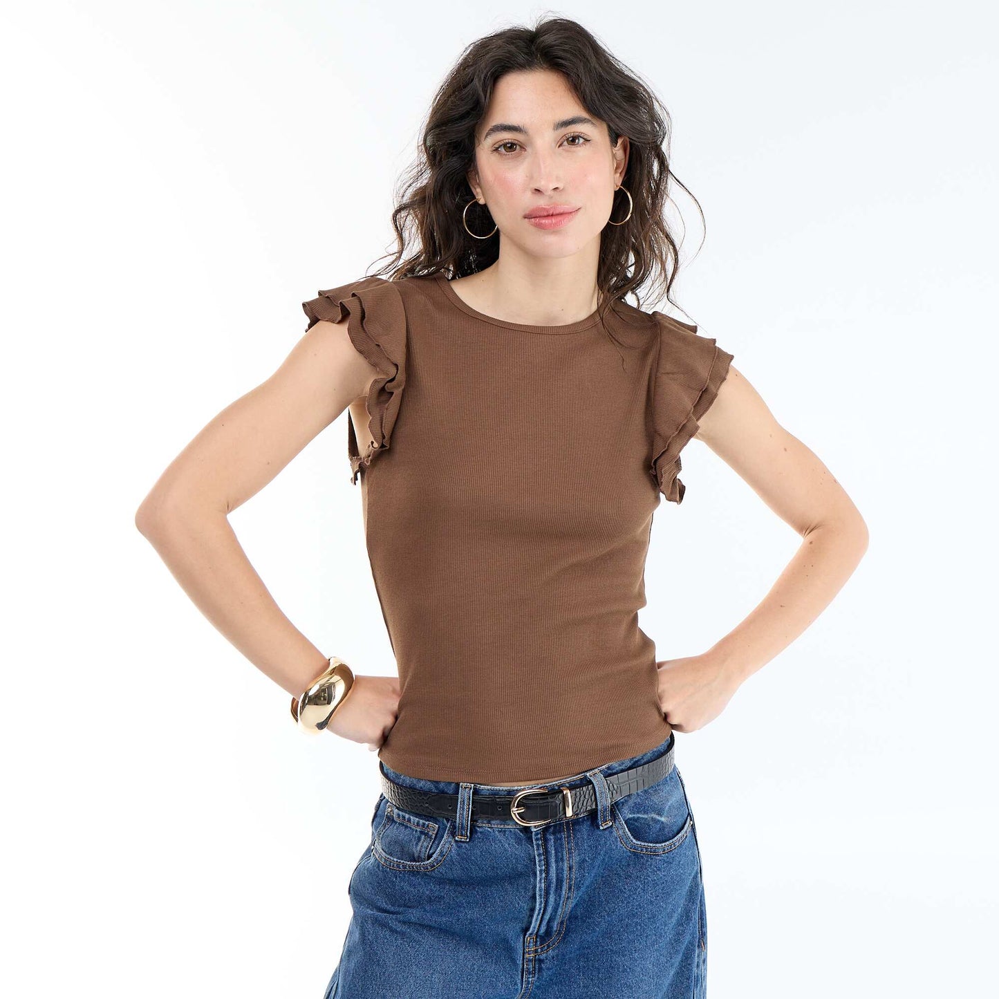 Ribbed Ruffle-Sleeve T-shirt BROWN