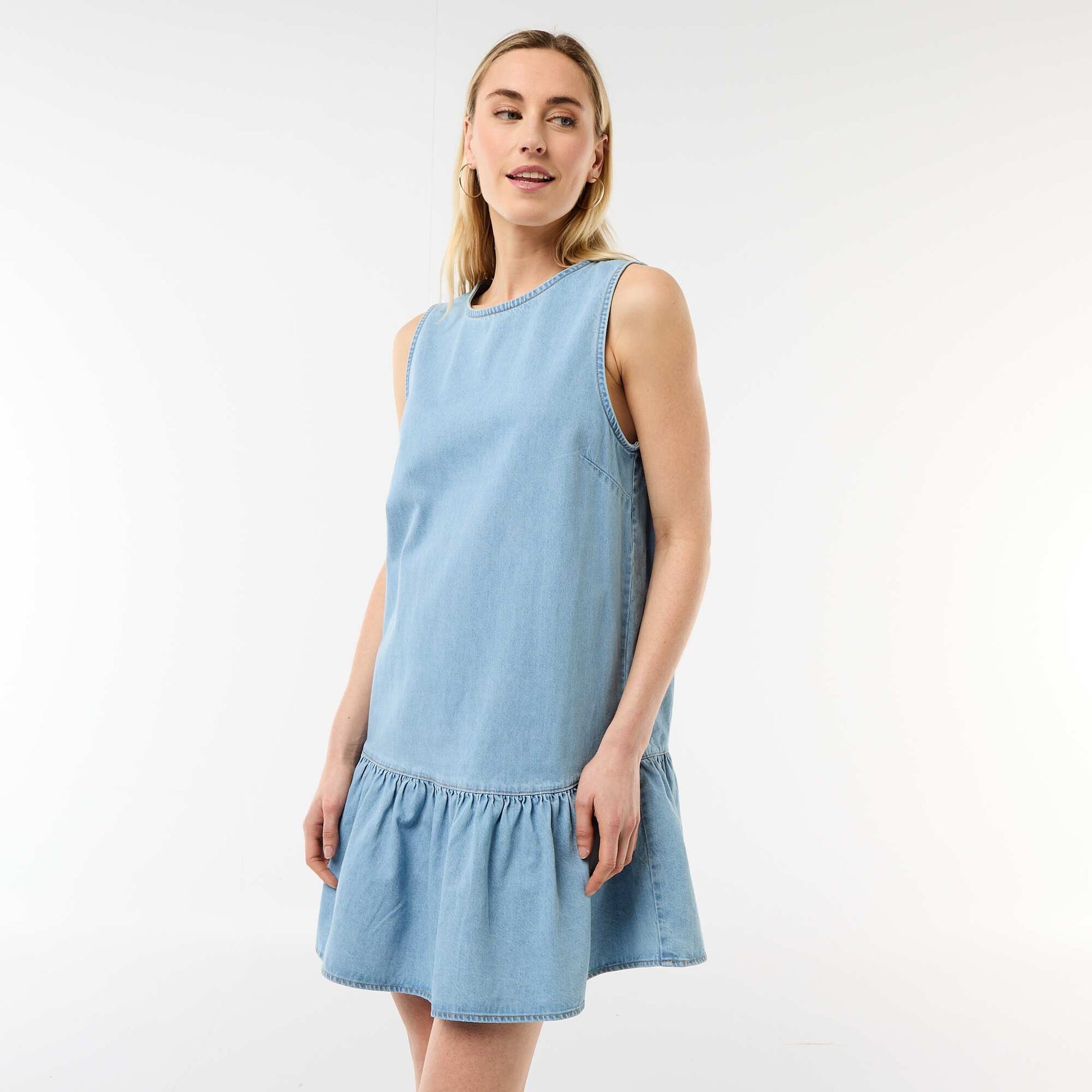 Sleeveless Denim Dress with Flared Hem BLUE