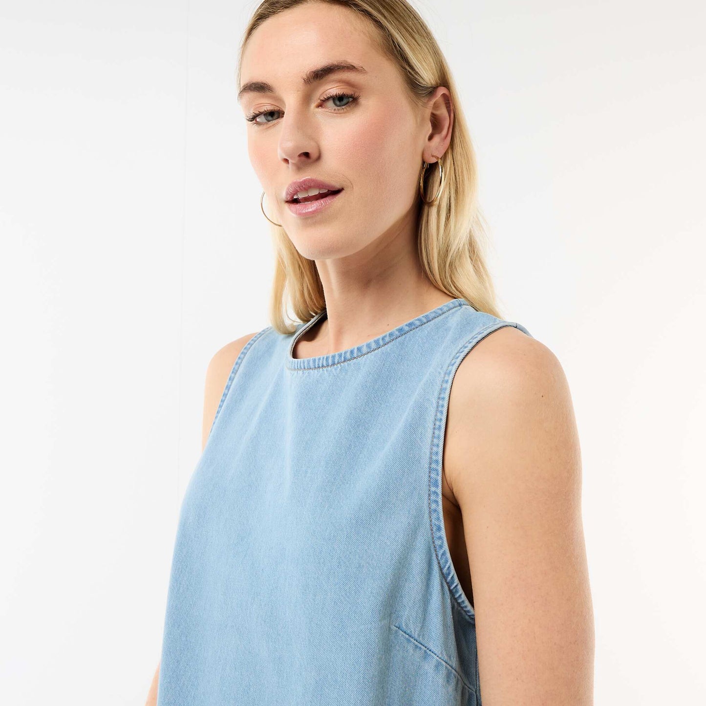 Sleeveless Denim Dress with Flared Hem BLUE