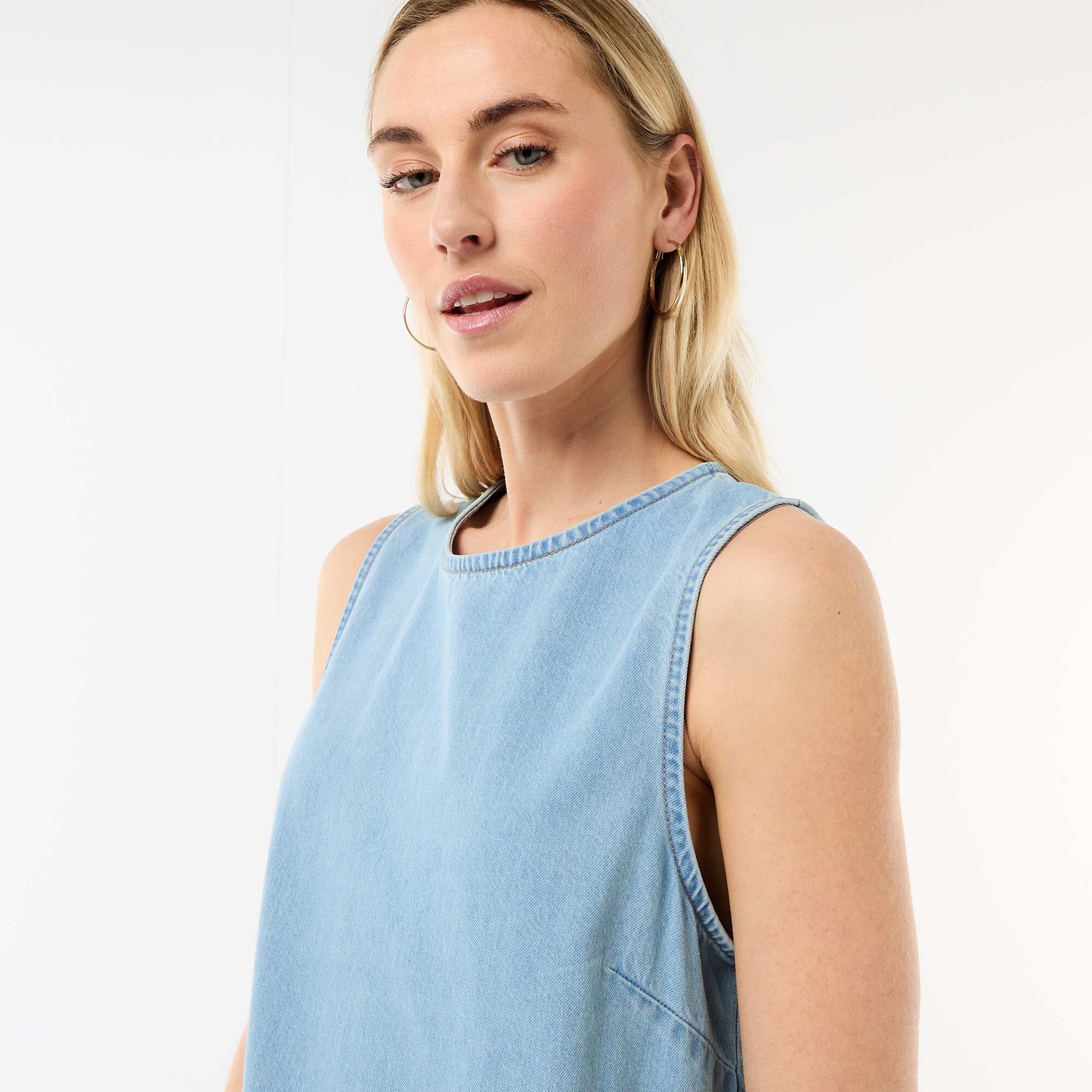 Sleeveless Denim Dress with Flared Hem BLUE