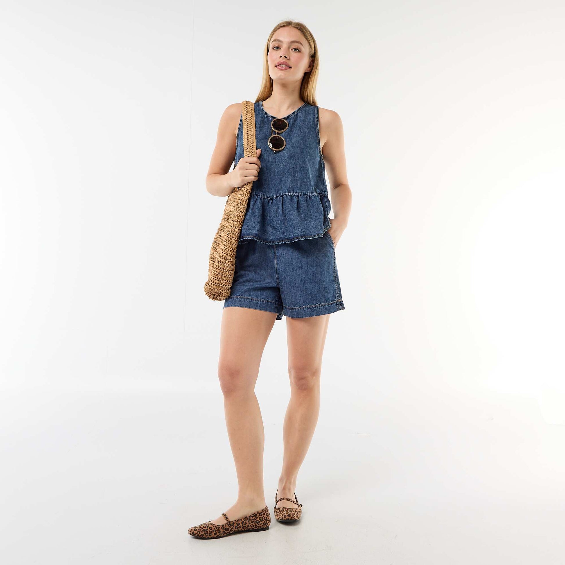 Elasticated Waist Denim Shorts BLUE
