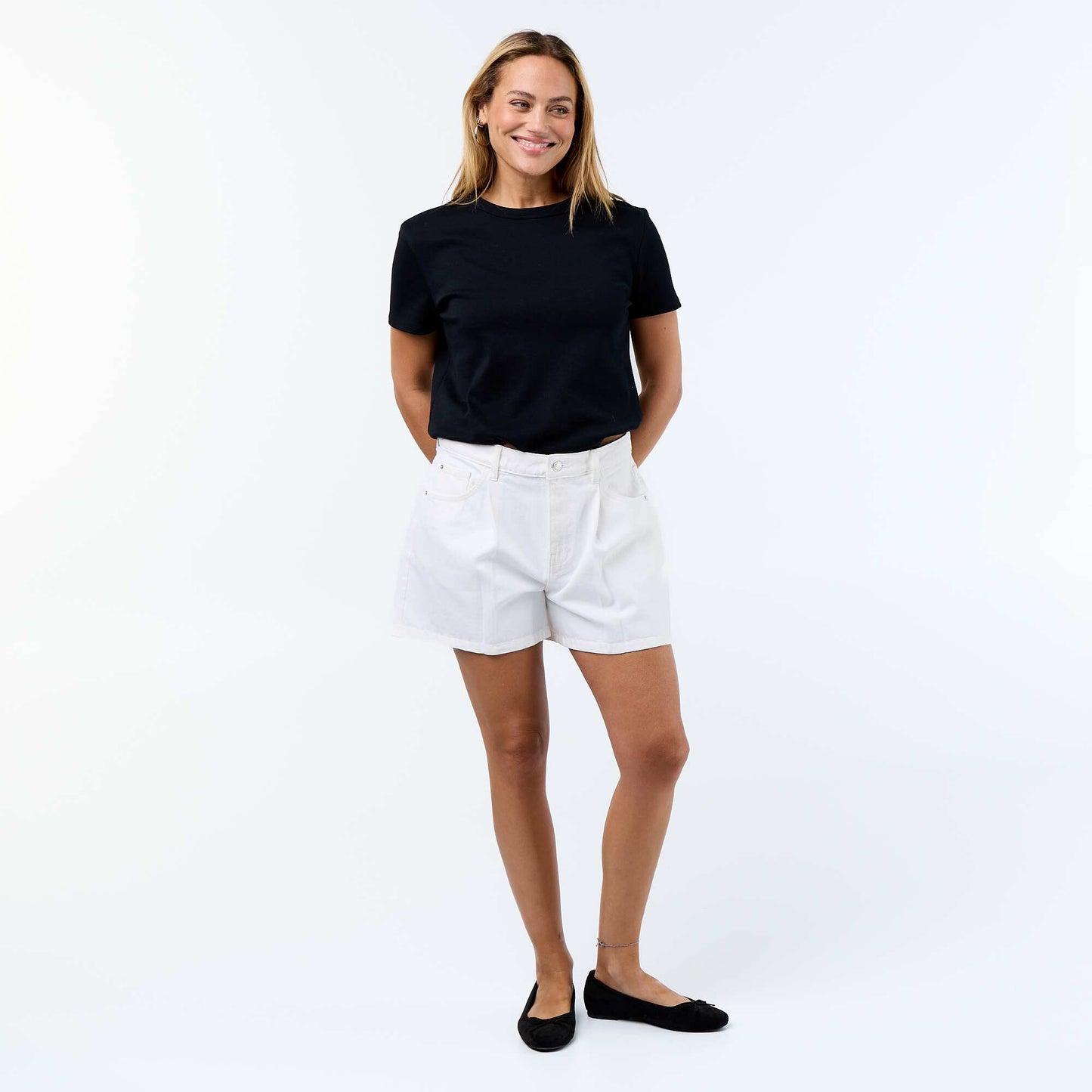 High-waisted denim Bermuda shorts WHITE