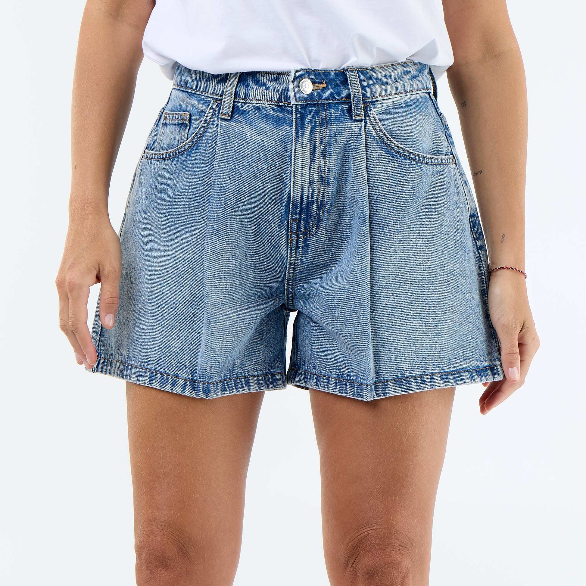 High-waisted denim Bermuda shorts BLUE