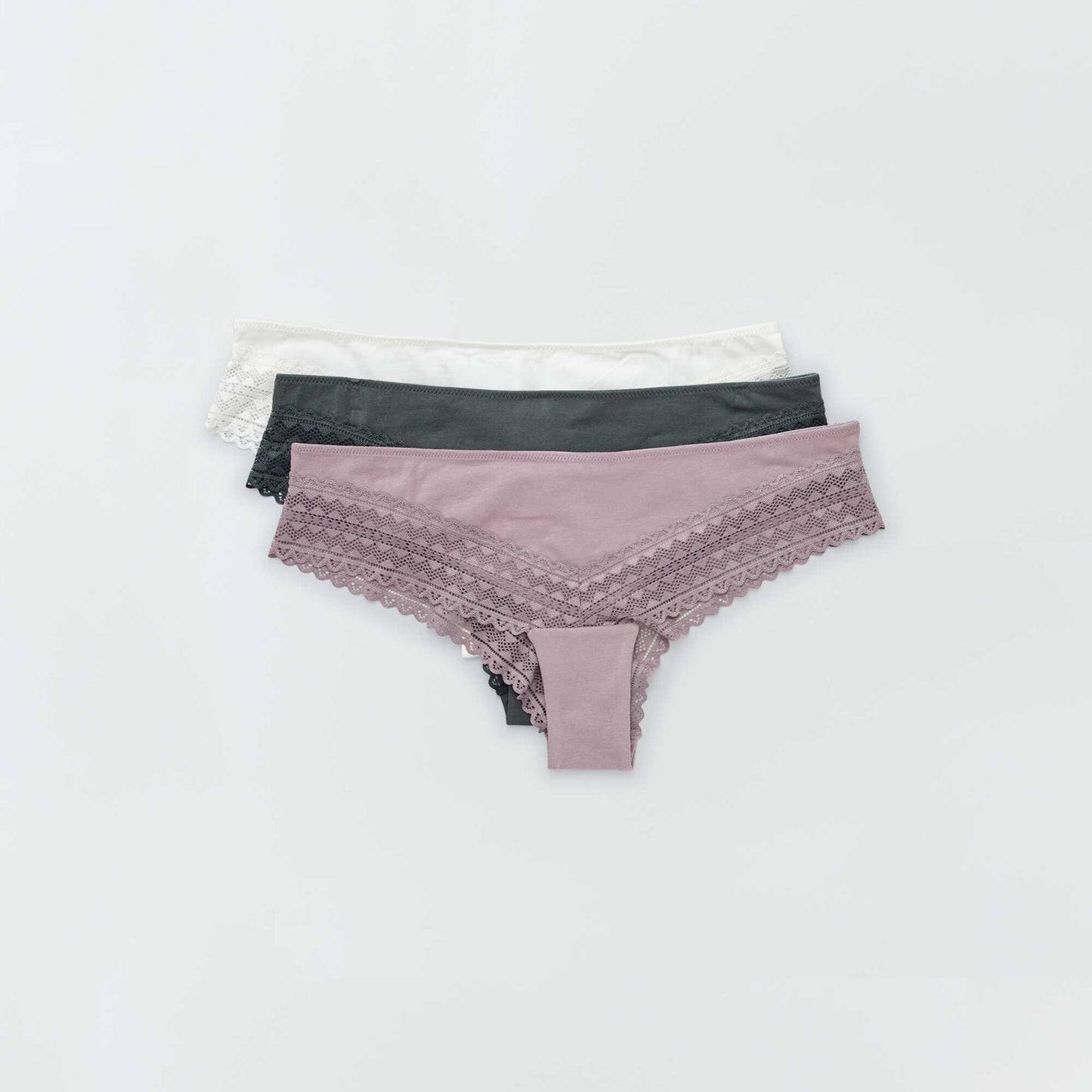 Pack of 3 cotton and lace tanga briefs grey pink