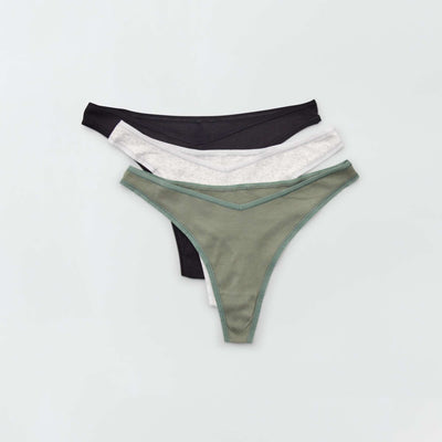 3-Pack Fine Ribbed Cotton Thongs GREEN