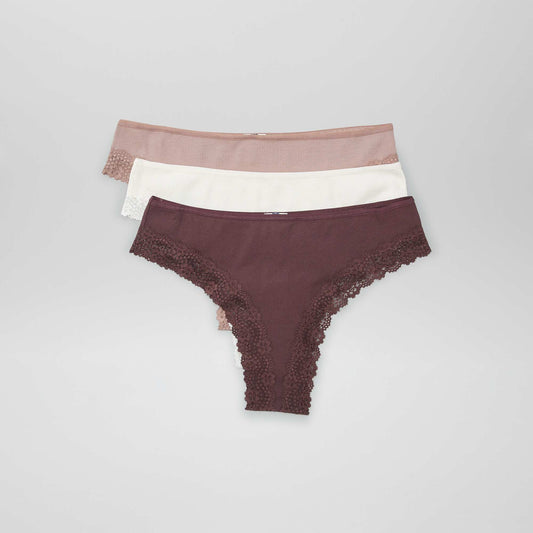 Pack of 3 ribbed knit tanga briefs prune browns