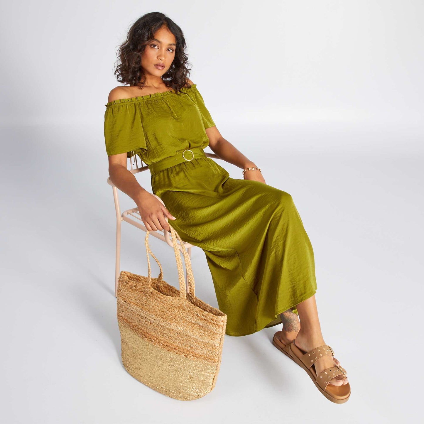 Midi dress with Bardot neckline GREEN