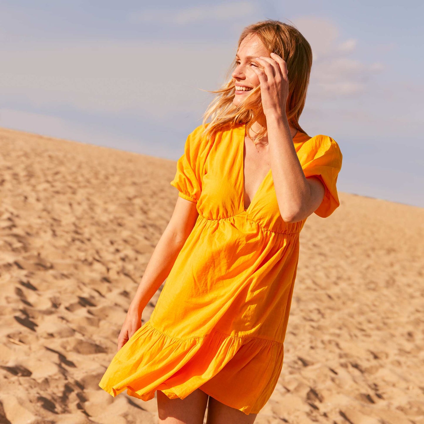 A-line ruffled cotton voile dress YELLOW