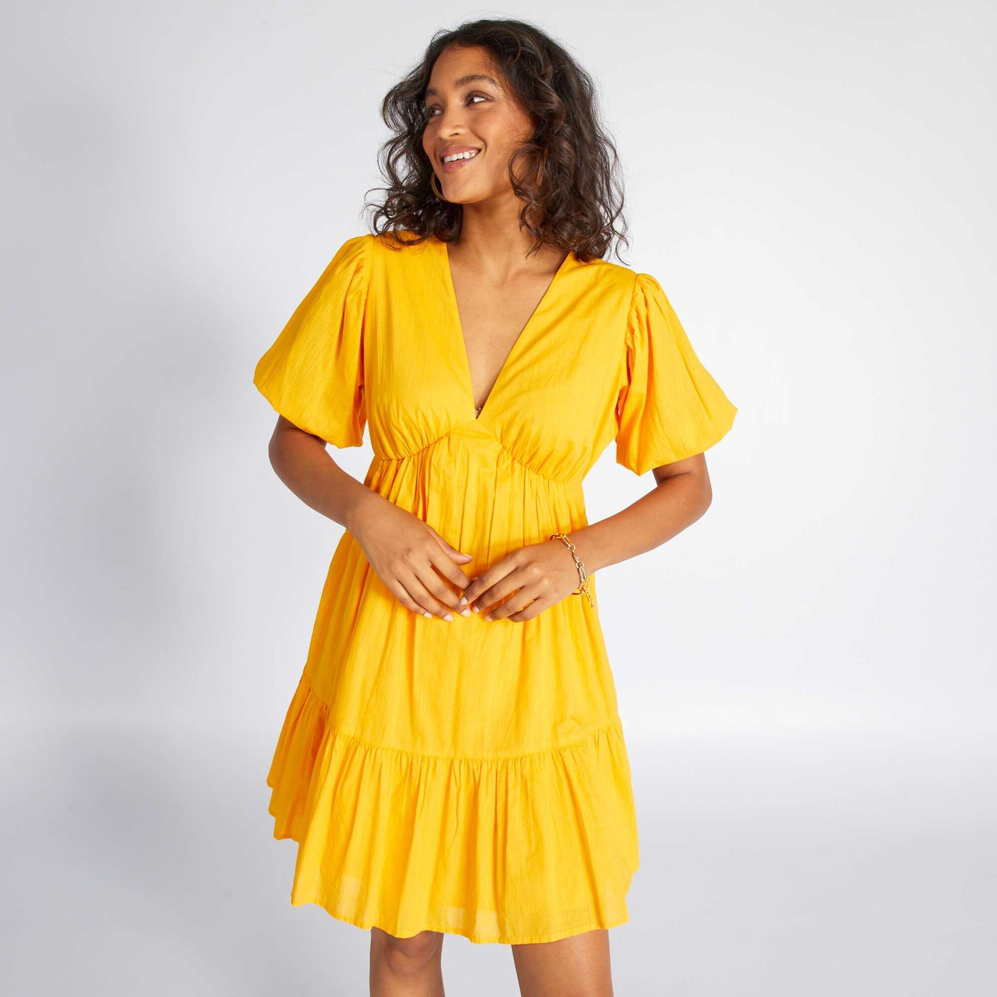 A-line ruffled cotton voile dress YELLOW