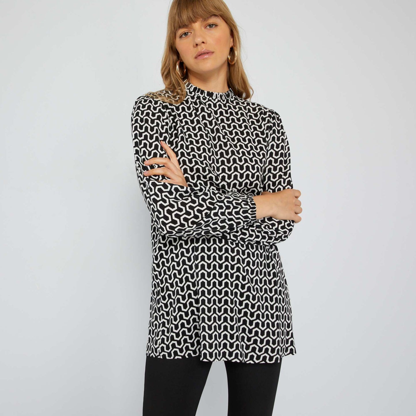 Printed blouse with high ruffled neck BLACK