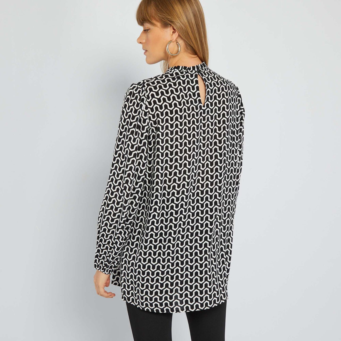 Printed blouse with high ruffled neck BLACK