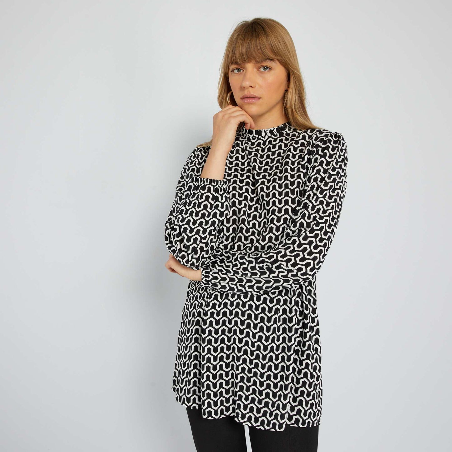 Printed blouse with high ruffled neck BLACK