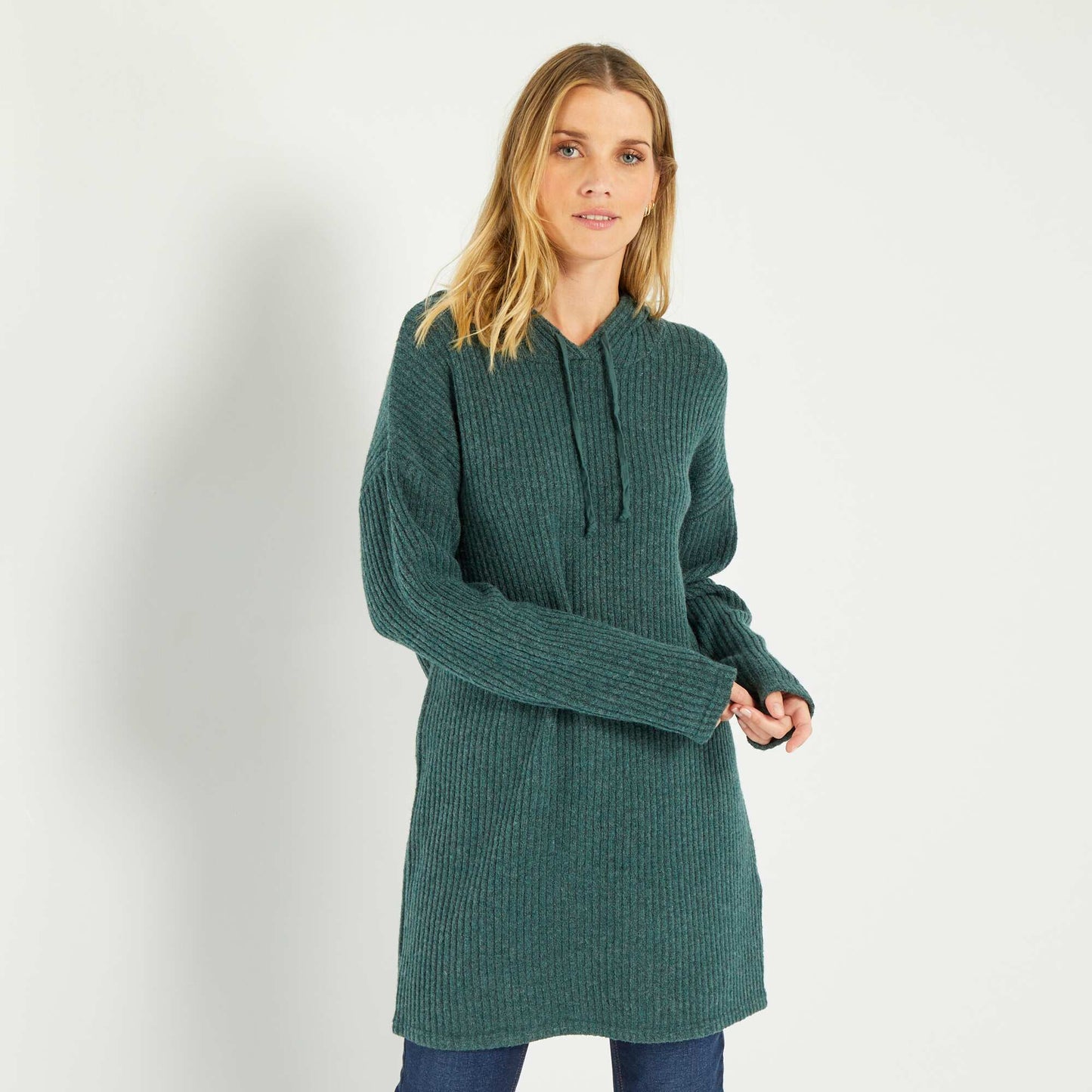 Ribbed sweater dress with hood GREEN Kiabi Inde Ribbed sweater dress with hood GREEN Kiabi Inde