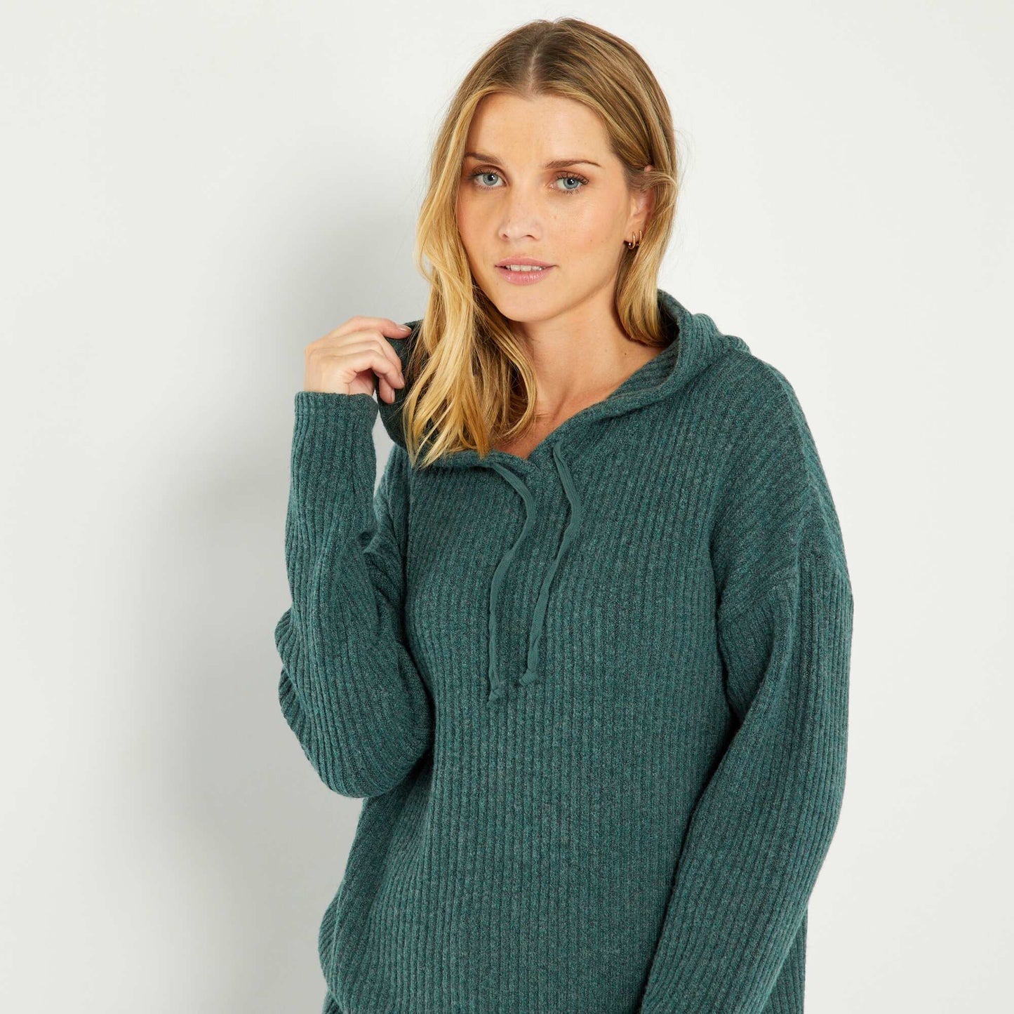 Ribbed sweater dress with hood GREEN