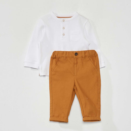 Long-sleeved polo shirt and trousers set BEIGE