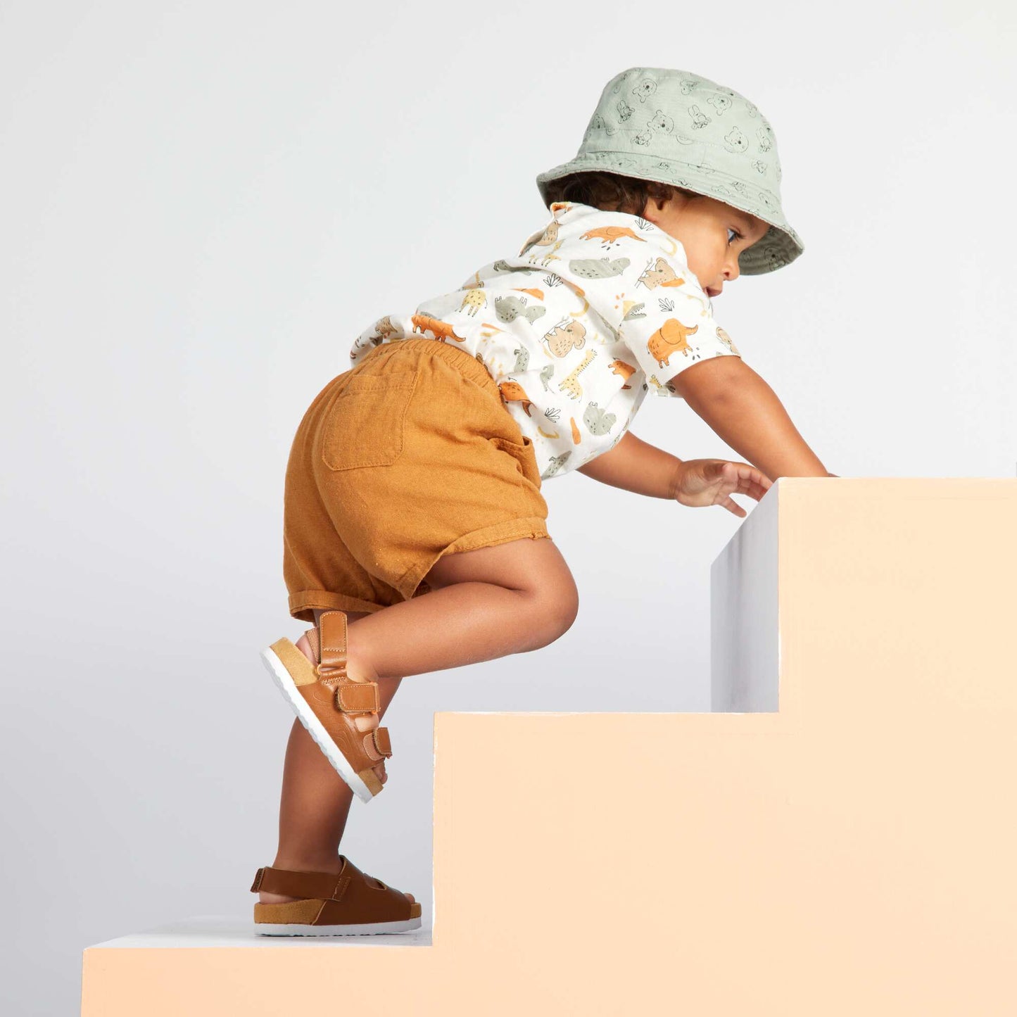 Plain cotton and linen shorts BROWN SUGAR