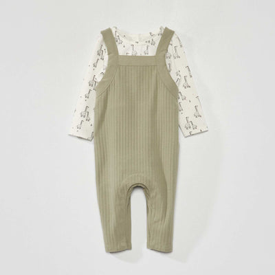 Ribbed dungarees + long-sleeved body set WHITE