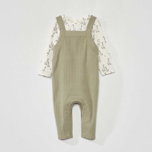 Ribbed dungarees + long-sleeved body set WHITE