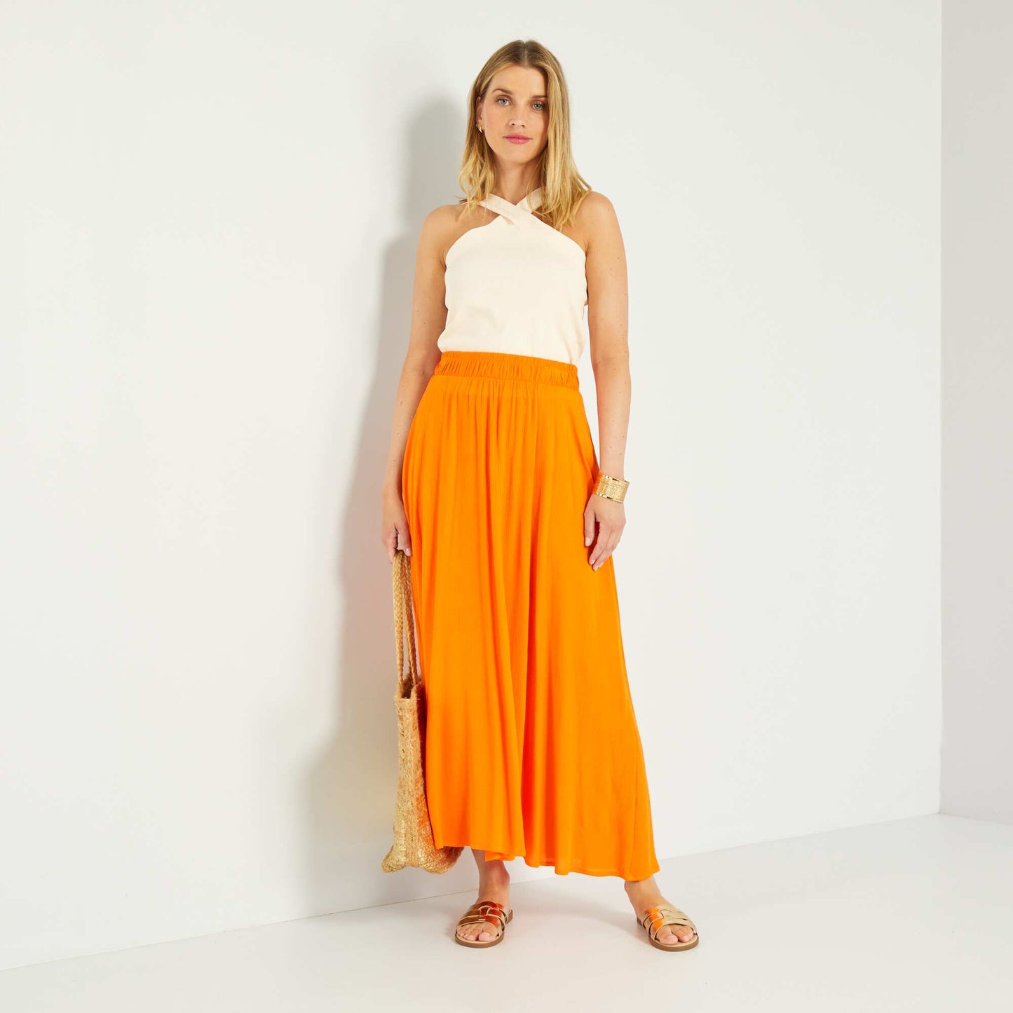 Long waffle-knit skirt ORANGE