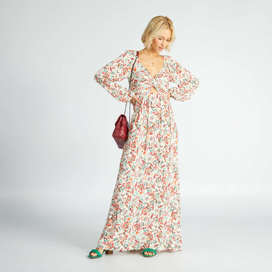 Long printed dress with cut-out at the chest BEIGE