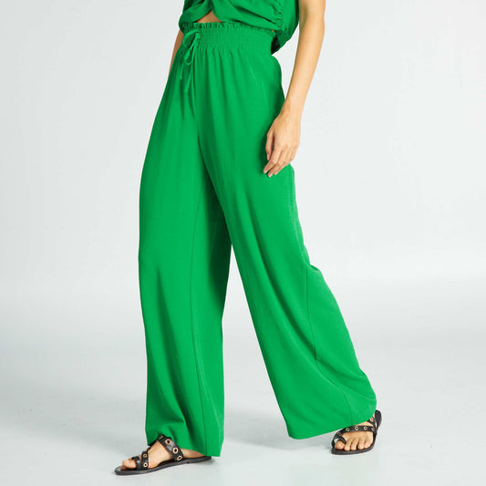 Satiny knit fabric wide-leg trousers Green