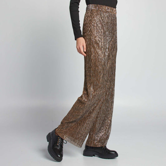 Pleated shiny wide-leg trousers BROWN