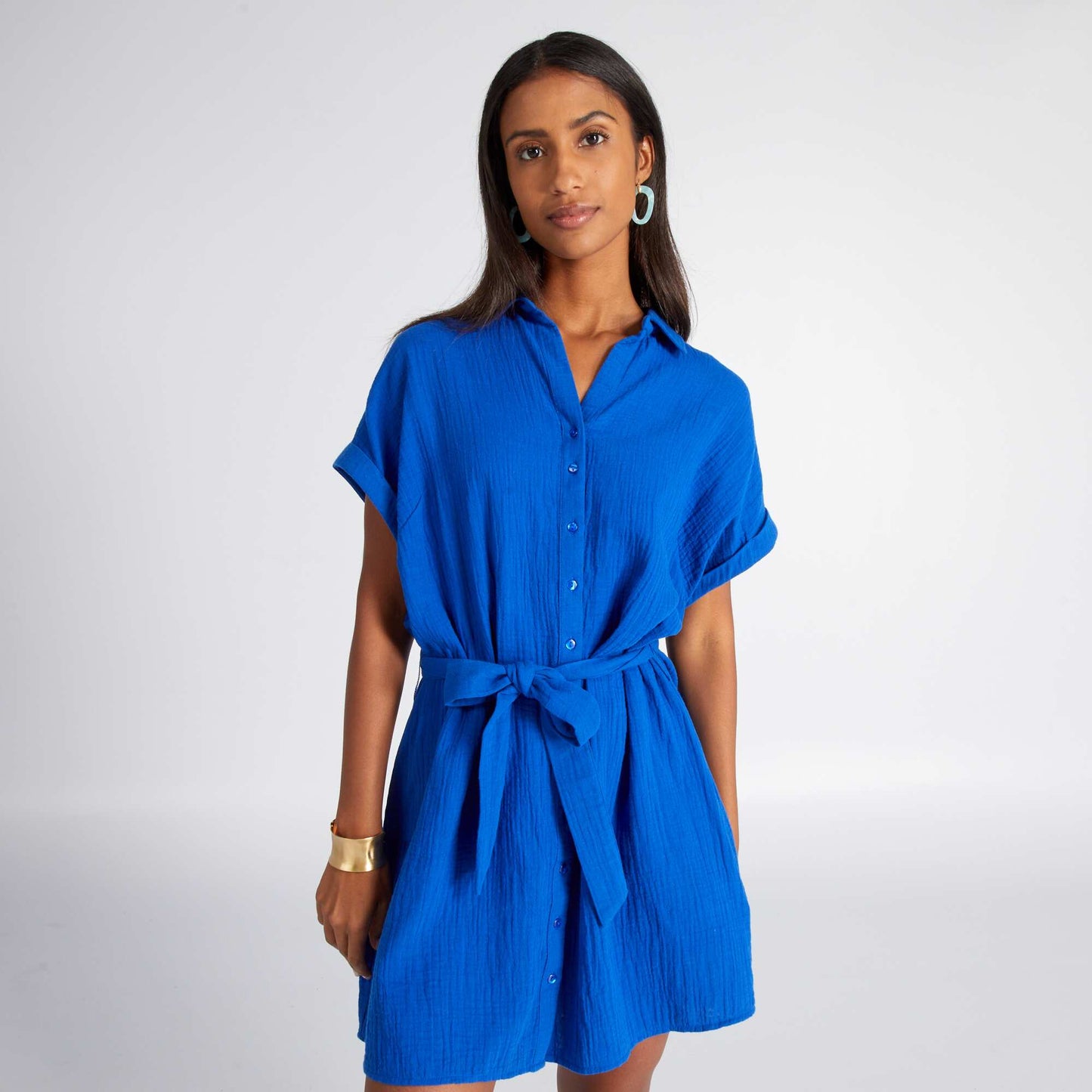 Double cotton gauze shirt dress BLUE WEB