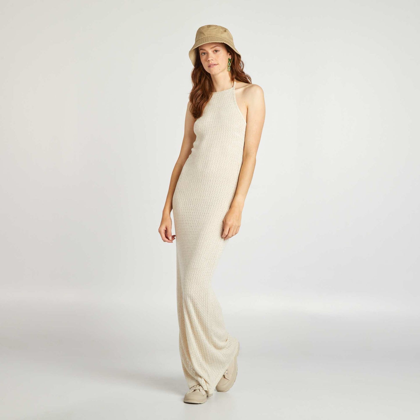 Long crochet dress with linen BEIGECROC