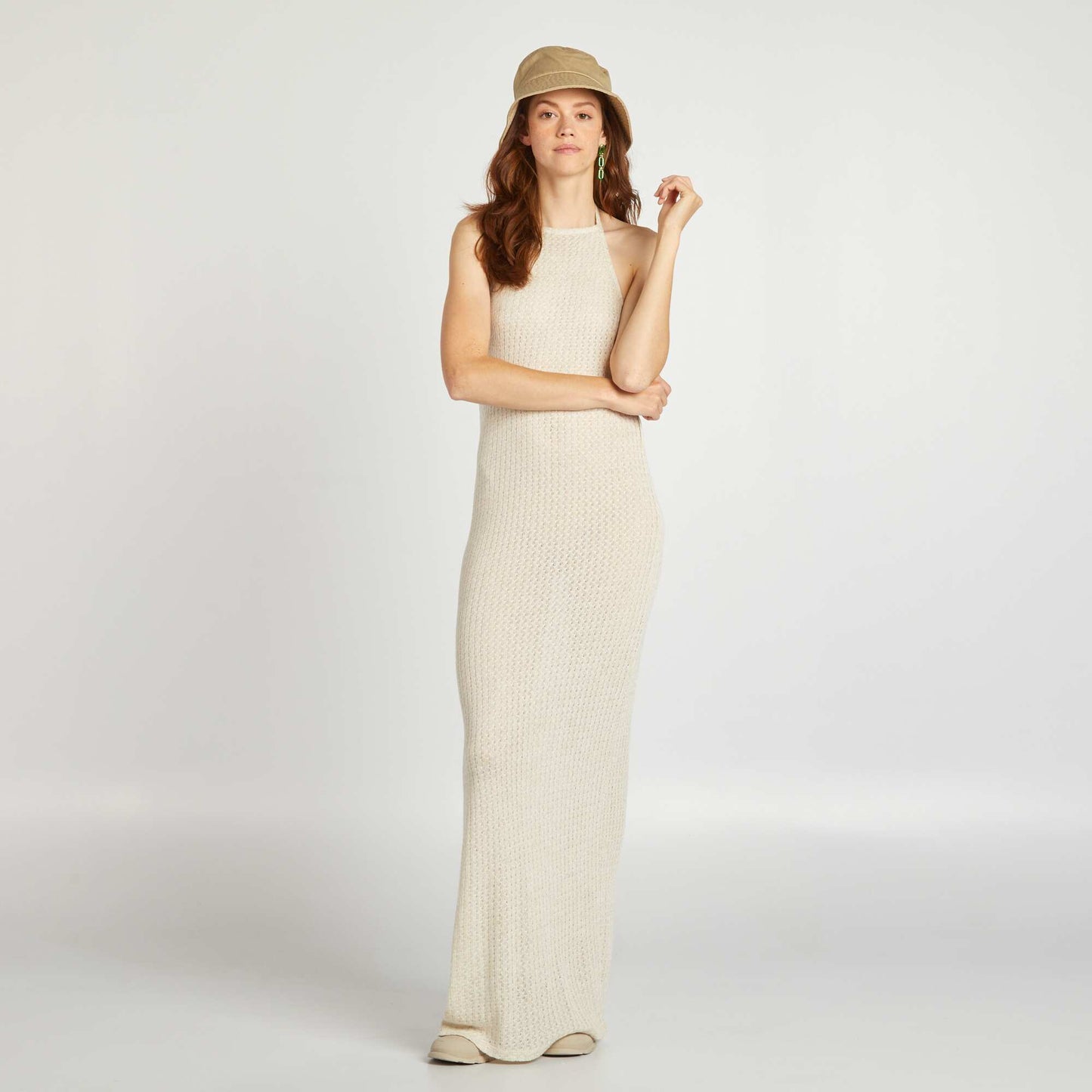 Long crochet dress with linen BEIGECROC