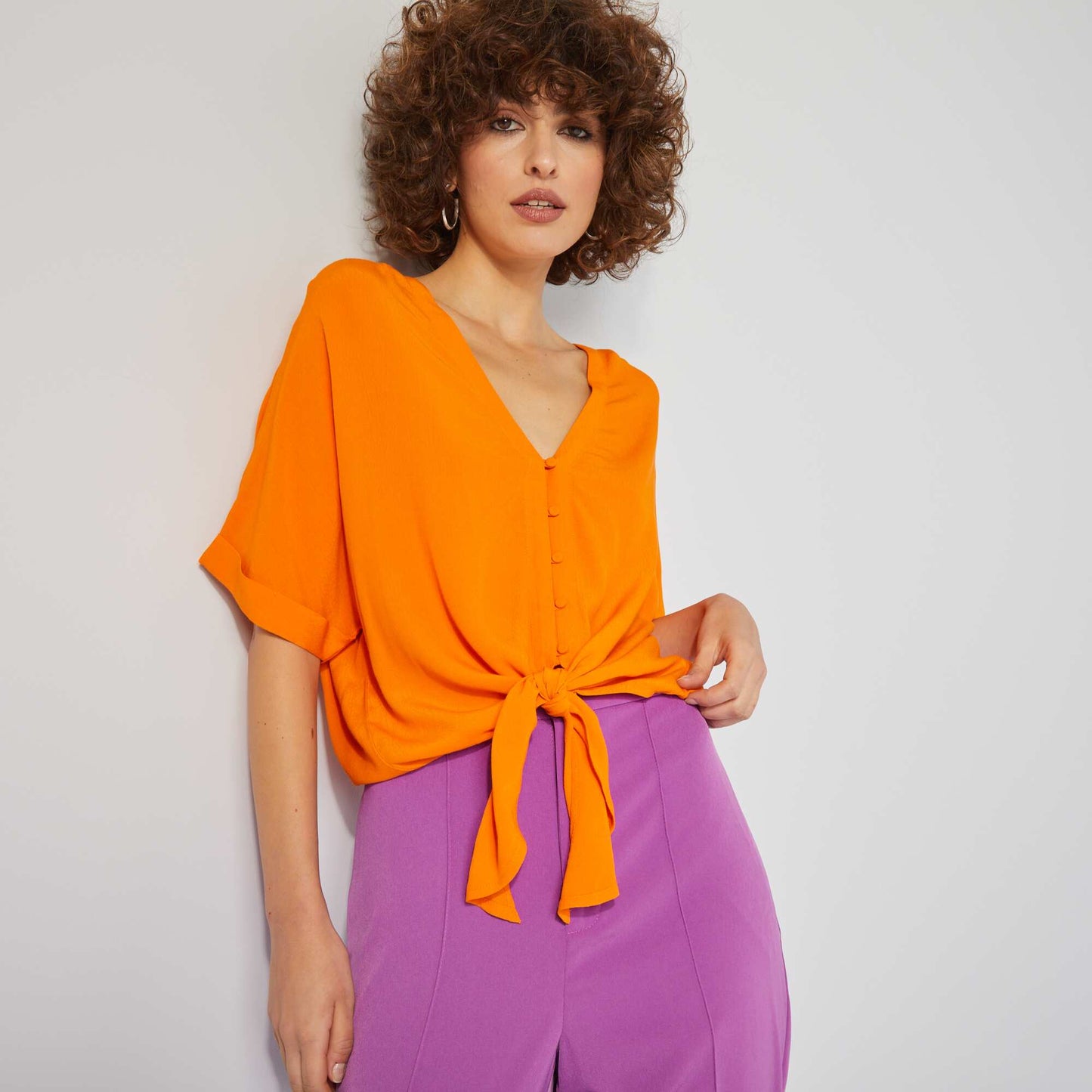 Short-sleeved tie blouse ORANGE