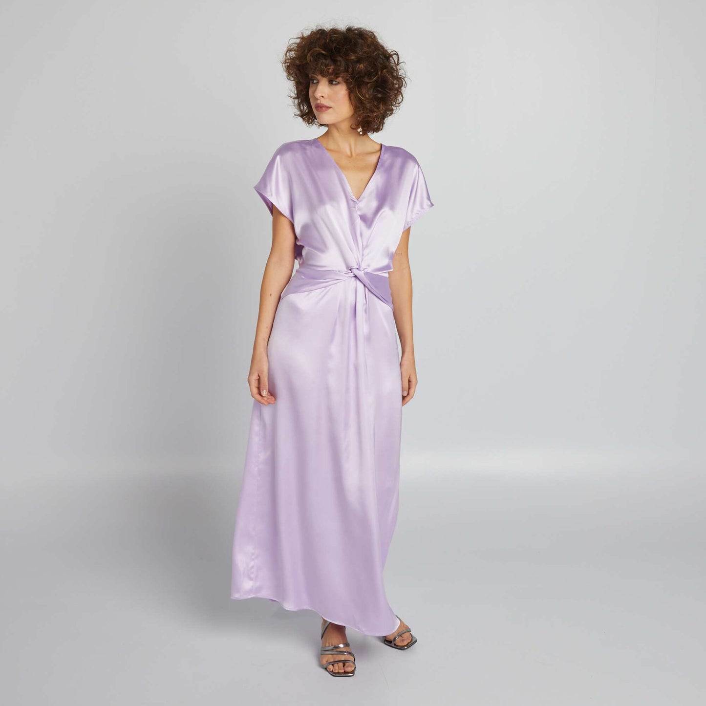 Long satin dress with tie at the front PURPLE