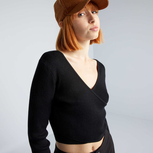 Ribbed sweater with wrapover fastening black